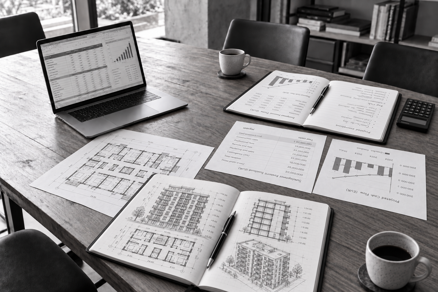 Mesa de trabajo en blanco y negro con croquis de un edificio, evaluación económica, dos croqueras, computador y cafés