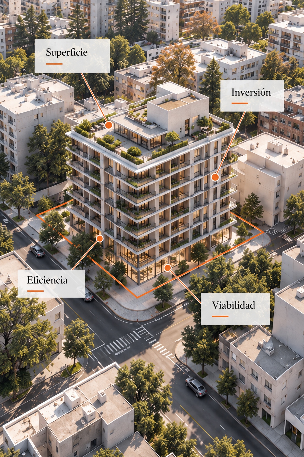 Ilustración de factibilidad inmobiliaria: superficie, inversión, eficiencia y viabilidad